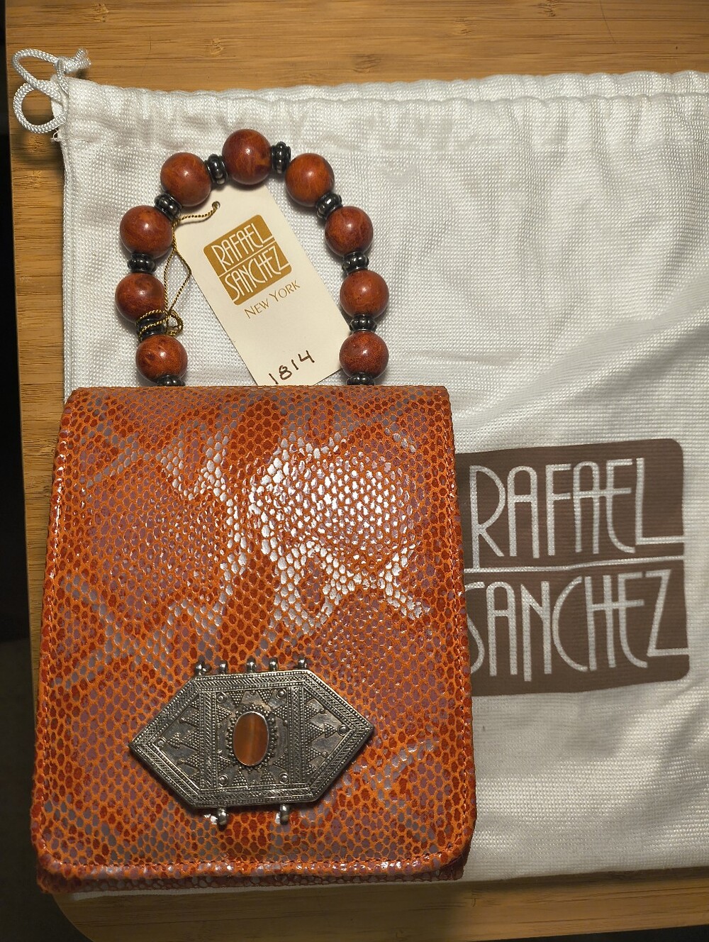 Rafael Sanchez NY Python Embossed Leather Box Bag Wood Bead Handle Minaudiere